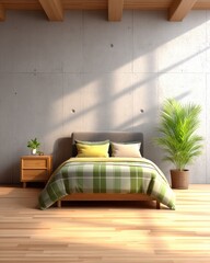 Poster - The minimalist bedroom is beautifully lit by sunlight on the concrete wall.