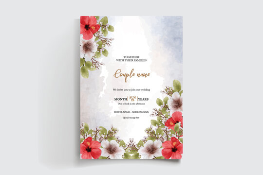 WEDDING INVITATION FRAME WITH FLOWER DECORATIONS AND FRESH LEAVES