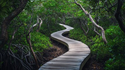 Aufkleber - A winding pathway through a mangrove forest, lined with rich green foliage and shaded by tree canopies, inviting exploration and adventure