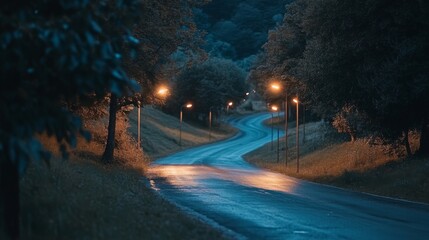 Aufkleber - a winding road in the countryside lit by scattered streetlights, with soft light falling on the tree