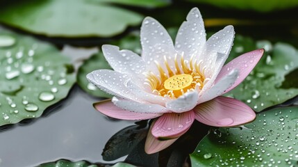 Aufkleber - Close-up of a lotus flower with raindrops on its petals and leaves, surrounded by the reflective surface of a tranquil pond