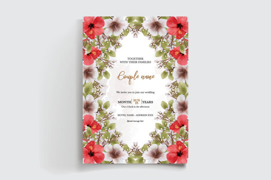 WEDDING INVITATION FRAME WITH FLOWER DECORATIONS AND FRESH LEAVES