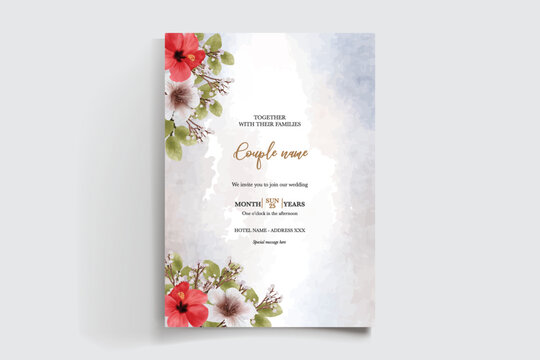 WEDDING INVITATION FRAME WITH FLOWER DECORATIONS AND FRESH LEAVES