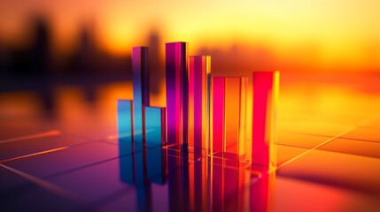 Aufkleber - Colorful D bar graph with tall, transparent bars on a reflective surface, casting shadows and illuminated by soft ambient lighting