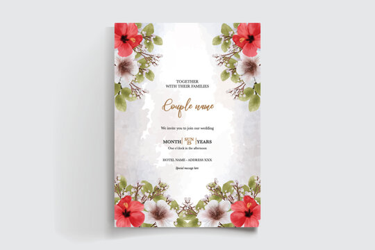 WEDDING INVITATION FRAME WITH FLOWER DECORATIONS AND FRESH LEAVES