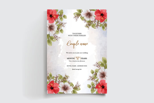 WEDDING INVITATION FRAME WITH FLOWER DECORATIONS AND FRESH LEAVES