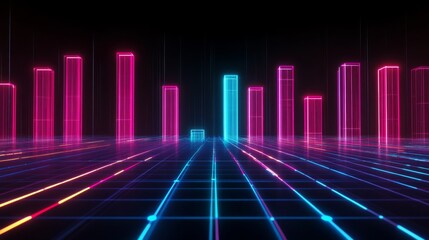 Poster - Dark-themed D bar chart with neon-colored bars and a digital grid base, capturing a futuristic data visualization aesthetic