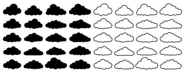 cloud icons set. editable stroke thin line set. natural weather symbol of rain, cloud services, host