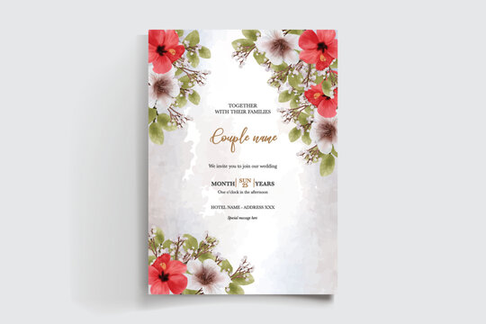 WEDDING INVITATION FRAME WITH FLOWER DECORATIONS AND FRESH LEAVES