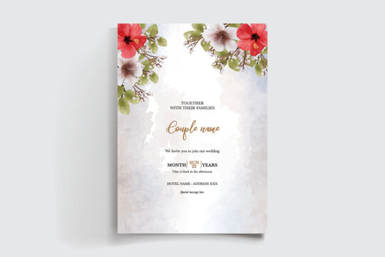 WEDDING INVITATION FRAME WITH FLOWER DECORATIONS AND FRESH LEAVES