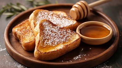 Poster - Fluffy cinnamon toast dusted with powdered sugar, with a small dish of honey on the side for a warm and sweet morning treat