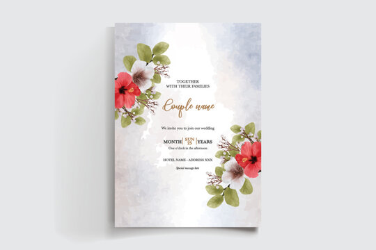WEDDING INVITATION FRAME WITH FLOWER DECORATIONS AND FRESH LEAVES