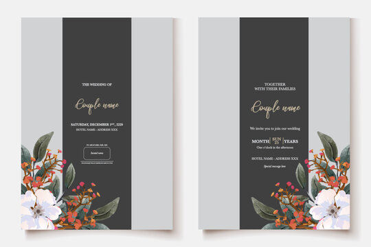 WEDDING INVITATION FRAME WITH FLOWER DECORATIONS AND FRESH LEAVES