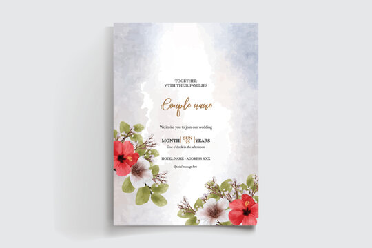 WEDDING INVITATION FRAME WITH FLOWER DECORATIONS AND FRESH LEAVES