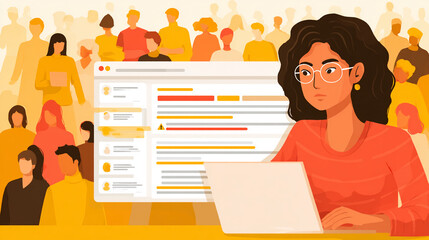 Fototapete - Woman with laptop analyzes data on screen, representing online research, data analysis, or social media management concepts