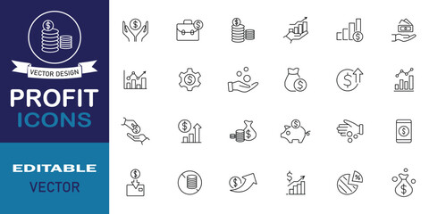 Poster - Profit icon set. Included icons as savings, money, finance, growth, investment, cash, income and more outline symbol collection. Set of 24 line icons related to profit. Editable vector illustration.