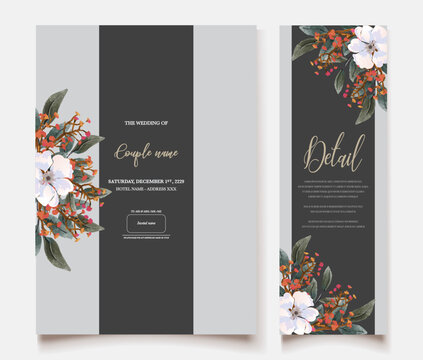 WEDDING INVITATION FRAME WITH FLOWER DECORATIONS AND FRESH LEAVES