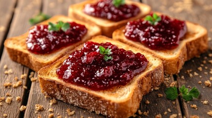 Poster - Rustic toast topped with homemade jam, crumbs scattered on a wooden table, evoking a fresh, homemade breakfast vibe