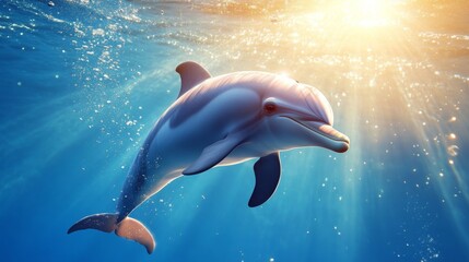Aufkleber - Single dolphin diving underwater, surrounded by sun rays filtering through, with bubbles and a peaceful marine ambiance