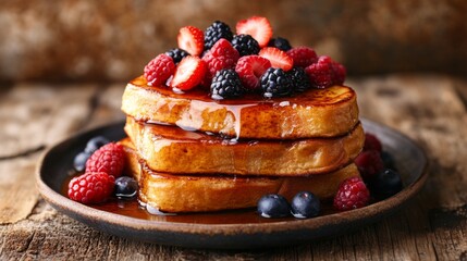 Poster - Stack of buttery French toast drizzled with syrup and topped with fresh berries, creating a delicious, inviting breakfast scene