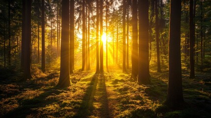 Aufkleber - Sunset view with warm, golden sunlight streaming through a forest, illuminating the trees and creating a beautiful contrast