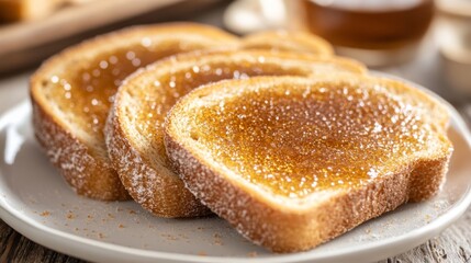 Poster - Thick slices of toast with a caramelized sugar crust, set on a simple white plate, evoking a warm and sweet morning treat