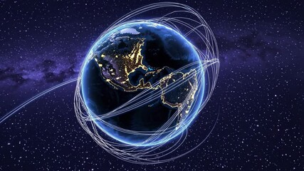 Fototapete - Explore the interconnectedness of global communications above Earth at night