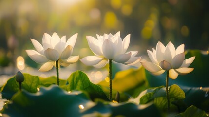 Poster - White lotus blossoms glowing in morning light, with their petals delicately layered above the green leaves on calm pond water