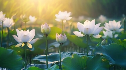 Poster - White lotus blossoms glowing in morning light, with their petals delicately layered above the green leaves on calm pond water