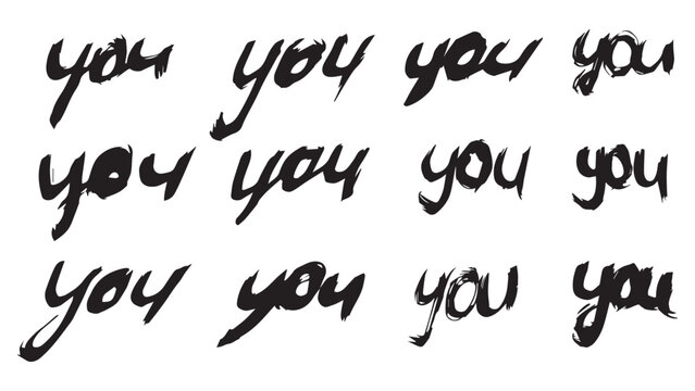 Set of hand drawn black lettering YOU on white background, set of ink drawn letters YOU, black grunge handwriting, set of dry brush hand drawn words, inscription in italics YOU on white background
