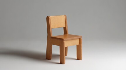 Poster - Simple Wooden Chair on Soft Gray Background with Modern Aesthetic