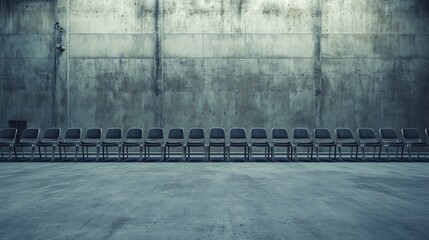 Poster - Empty Waiting Room with Rows of Modern Chairs and Concrete Wall