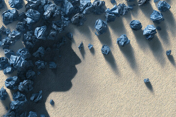 Poster - Blue crumpled paper forms a profile silhouette on beige background, suggesting ideas, creativity, or brainstorming process, showcasing free space for text