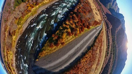 Aufkleber - Breathtaking aerial view of winding river and autumn landscape in mountain region