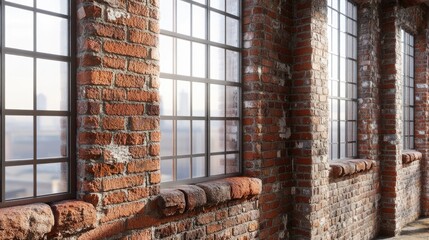 Poster - Bright Sunny Interior with Brick Walls and Large Windows in Urban Space