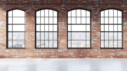 Poster - Bright Industrial Space with Three Tall Windows and Brick Wall