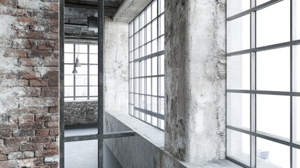 Poster - Industrial Interior with Large Windows and Exposed Brick Walls
