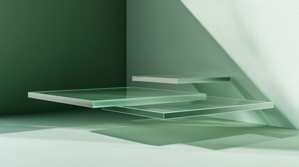 Poster - Modern Abstract Display of Floating Glass Shelves in Minimalist Space