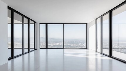 Poster - Modern bright interior with large windows and panoramic city view