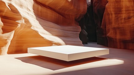 Poster - Floating White Platform in a Vibrant Red Rock Canyon Setting
