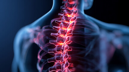 Poster - Close-up of glowing spinal column, red and blue hues, showcasing anatomy and pain visualization, ideal for medical or healthcare concepts