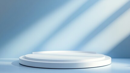 Poster - Minimalist Stage with Soft Blue Background and Gentle Light Rays