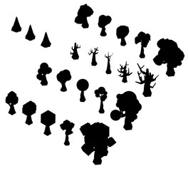 Poster - A collection of trees in various sizes and shapes are shown in black and white. The trees are scattered across the image, with some closer to the foreground and others further back. Isometric view