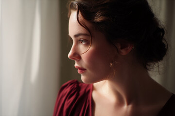 Poster - Profile of young woman with brown hair, wearing burgundy dress, gazing thoughtfully out a window.  Image evokes contemplation, serenity, and feminine beauty.