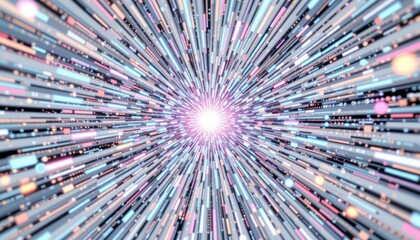 Poster - A futuristic tunnel of light beams rushing toward a bright center, creating a sense of speed and movement
