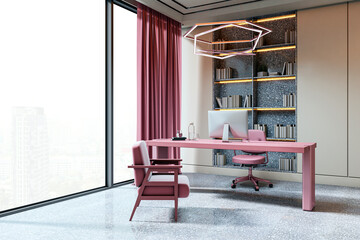 Aufkleber - Modern executive office interior with pink furniture, large glass window, and built-in bookshelves in a luxury high-rise workplace setting. 3D Rendering