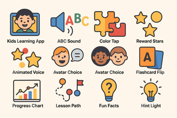  Colorful kids learning app interface with interactive icons for fun education