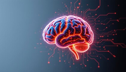 Poster - Human brain with glowing red circuit lines. Concept of AI, artificial intelligence, neural network, and machine learning.