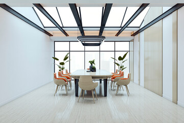 Aufkleber - Modern bright conference room interior with large table, stylish chairs, skylight ceiling, glass walls, and plants enhancing workspace decor. 3D Rendering
