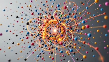 Poster - An abstract design of colorful interconnected spheres, representing interconnectedness and the complexity of the universe. The image has a sense of energy, dynamism, and growth